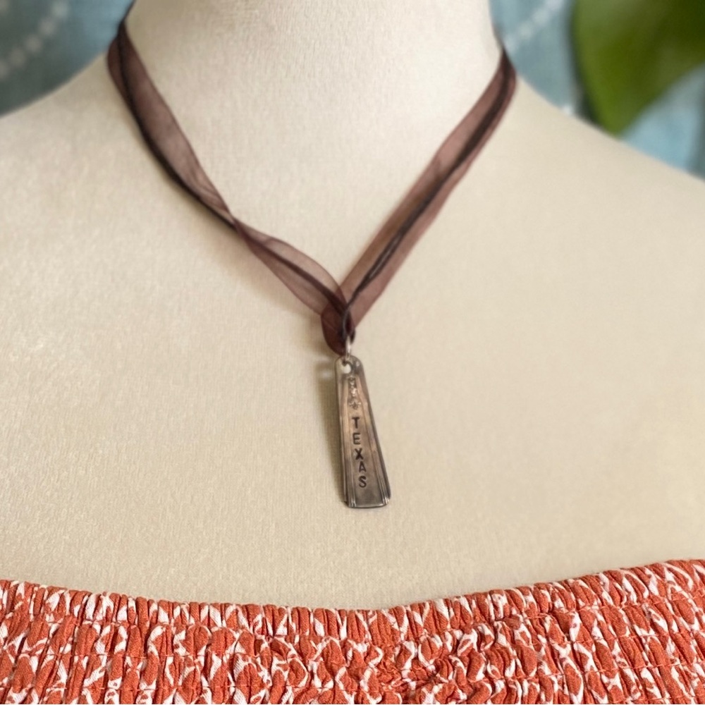 Texas Metal Pendant on Leather & Ribbon w/Adjustable Clasp